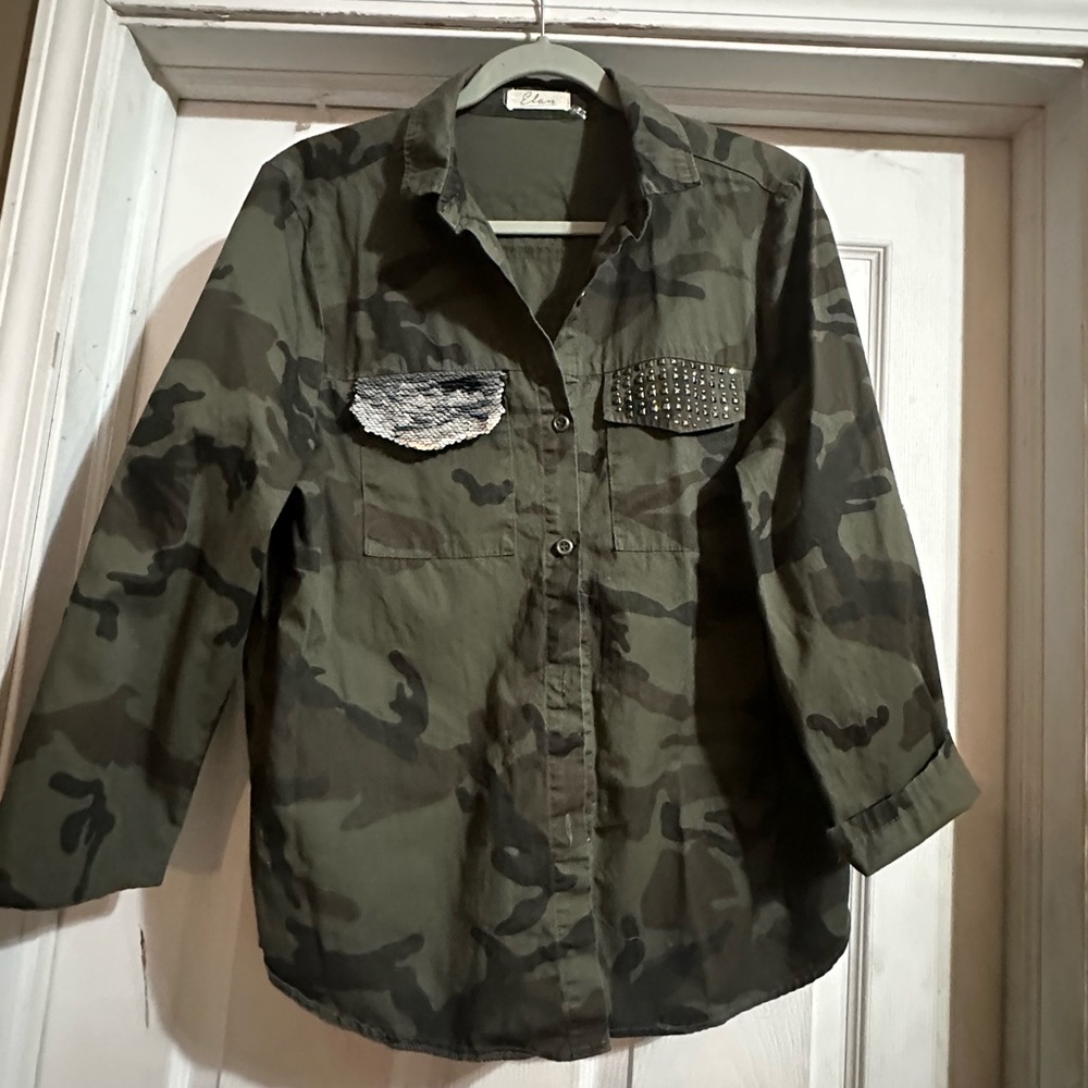 Elan Green Camouflage Kids Button Down Shirt